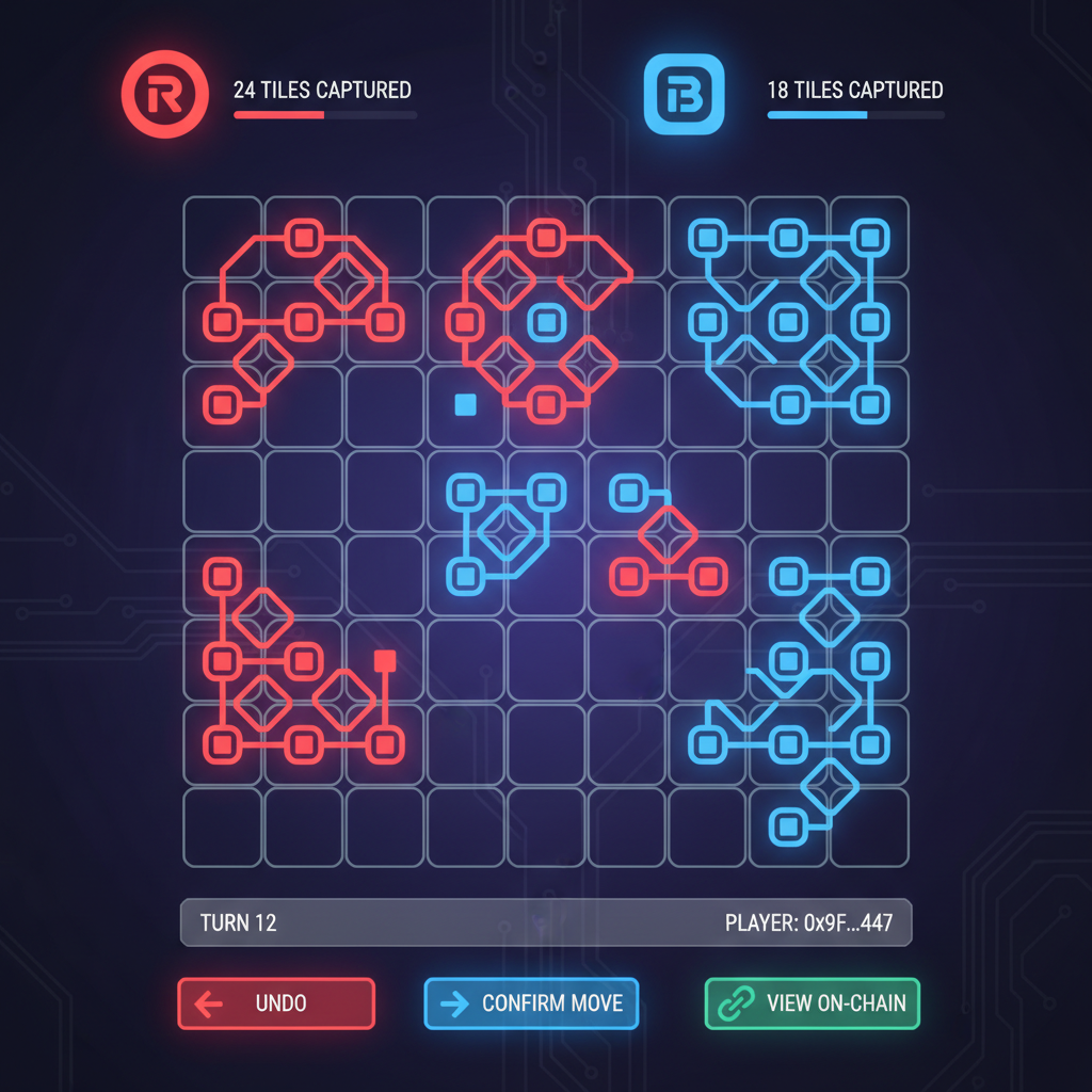 9x9 CSS grid game board like Go, red blue teams capturing tiles, on-chain game UI, futuristic