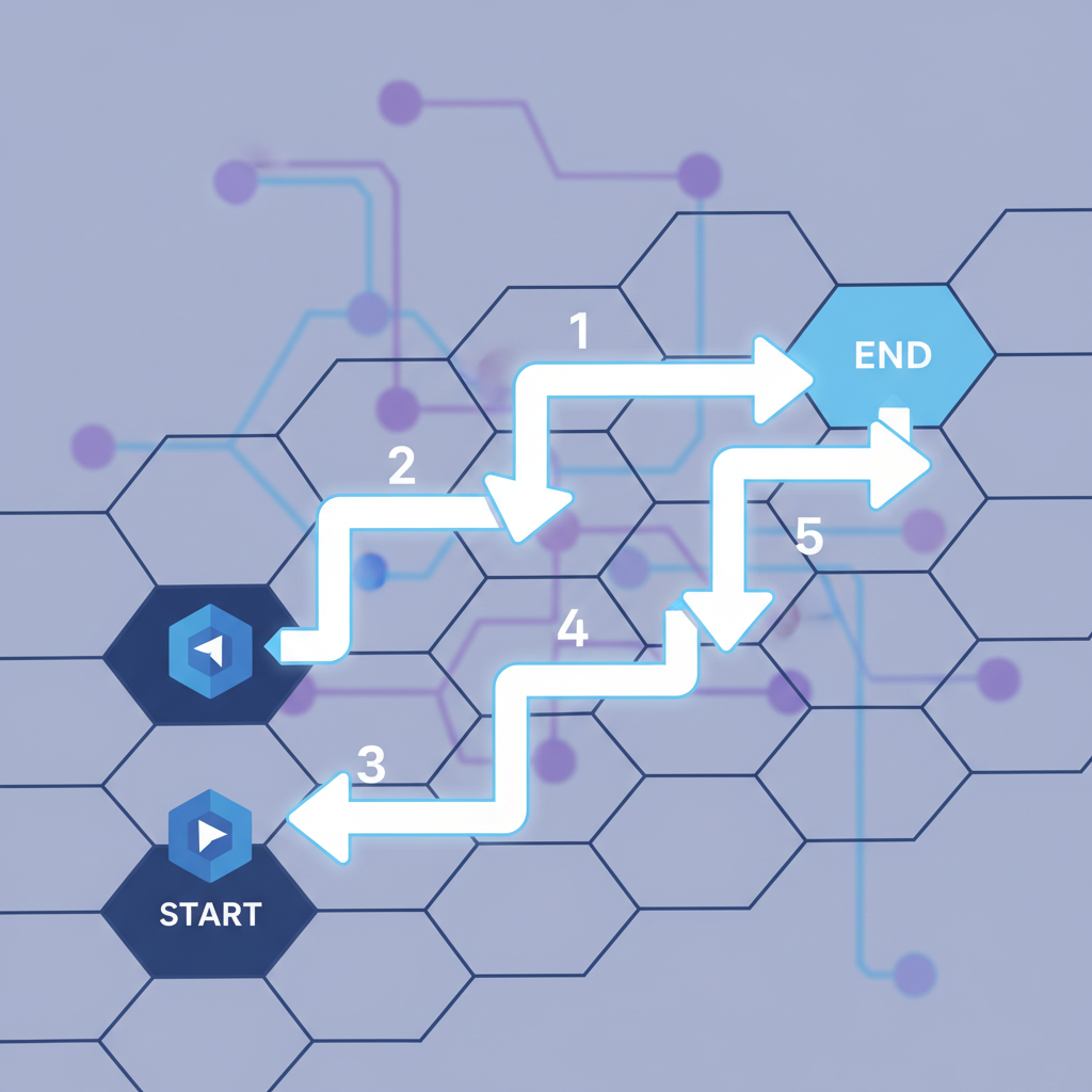 Unit moving on hexagonal grid map, arrows showing path, Starknet blockchain nodes background