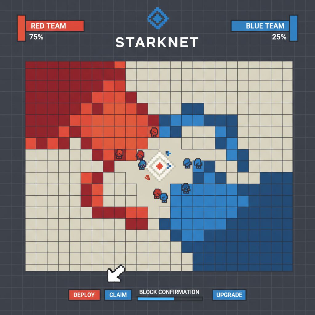 pixel art red blue team map control game starknet blockchain