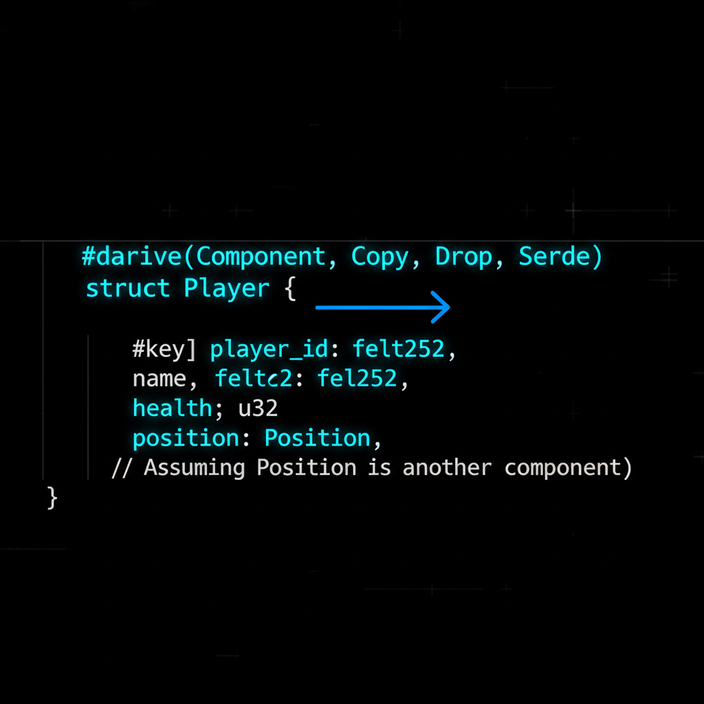 Cairo code snippet defining Player struct component in Dojo Engine, neon blue highlights, dark terminal background