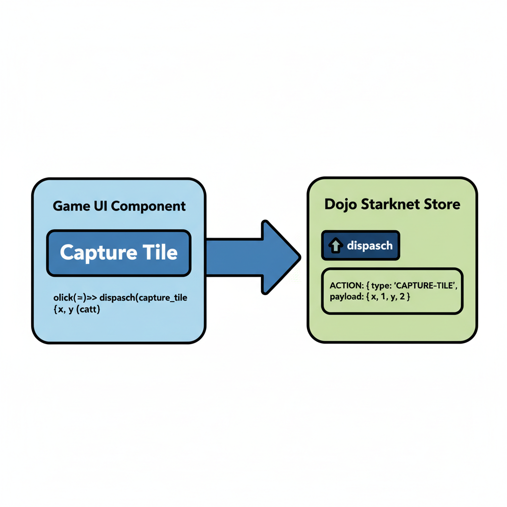 React code dispatching capture_tile action Dojo Starknet, game UI button press