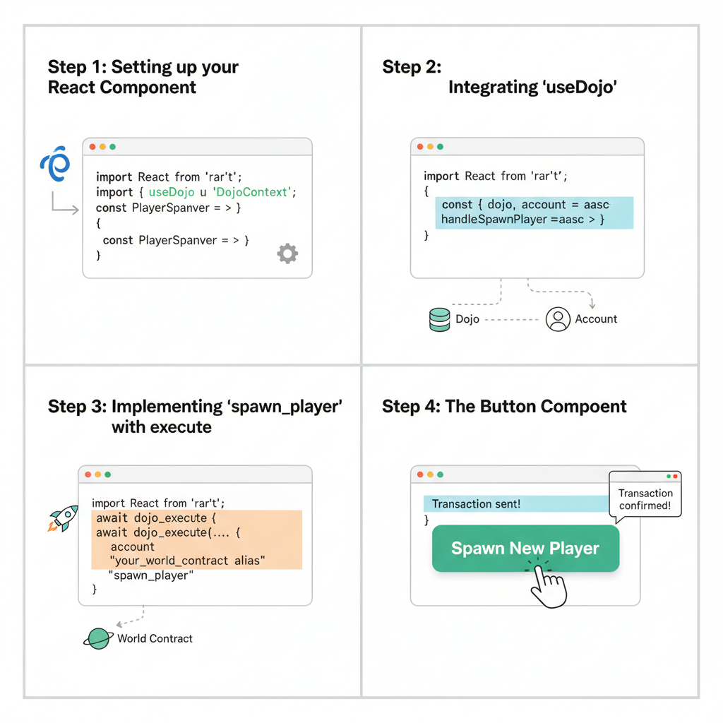 React dispatch spawn_player action code with useDojo execute, button component