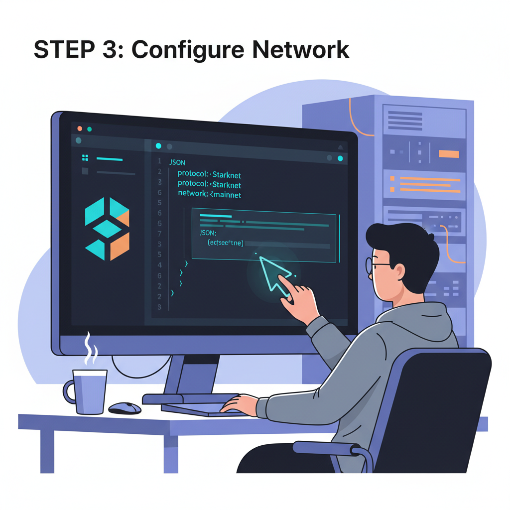 developer editing JSON config file on dark code editor, Starknet logo, tech workspace