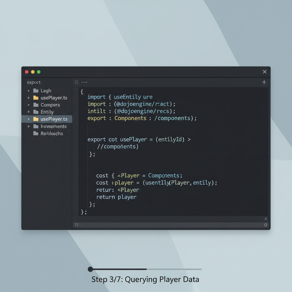 React hook code useEntity querying Player entity Dojo Starknet, code editor view