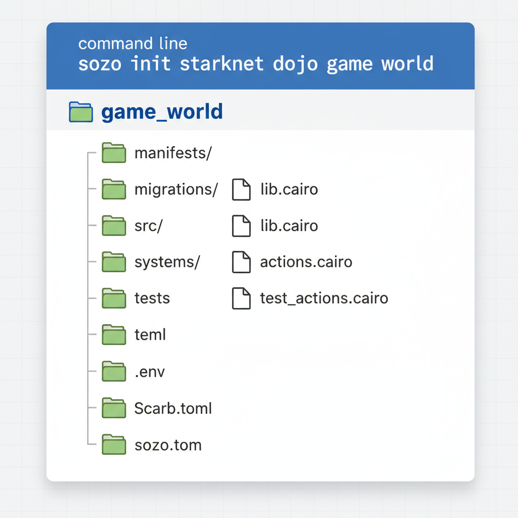 command line sozo init starknet dojo game world folder structure