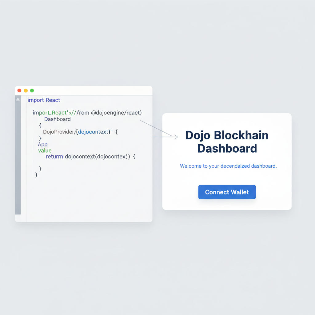 React code snippet with DojoProvider hook, frontend dashboard connecting to blockchain, modern UI