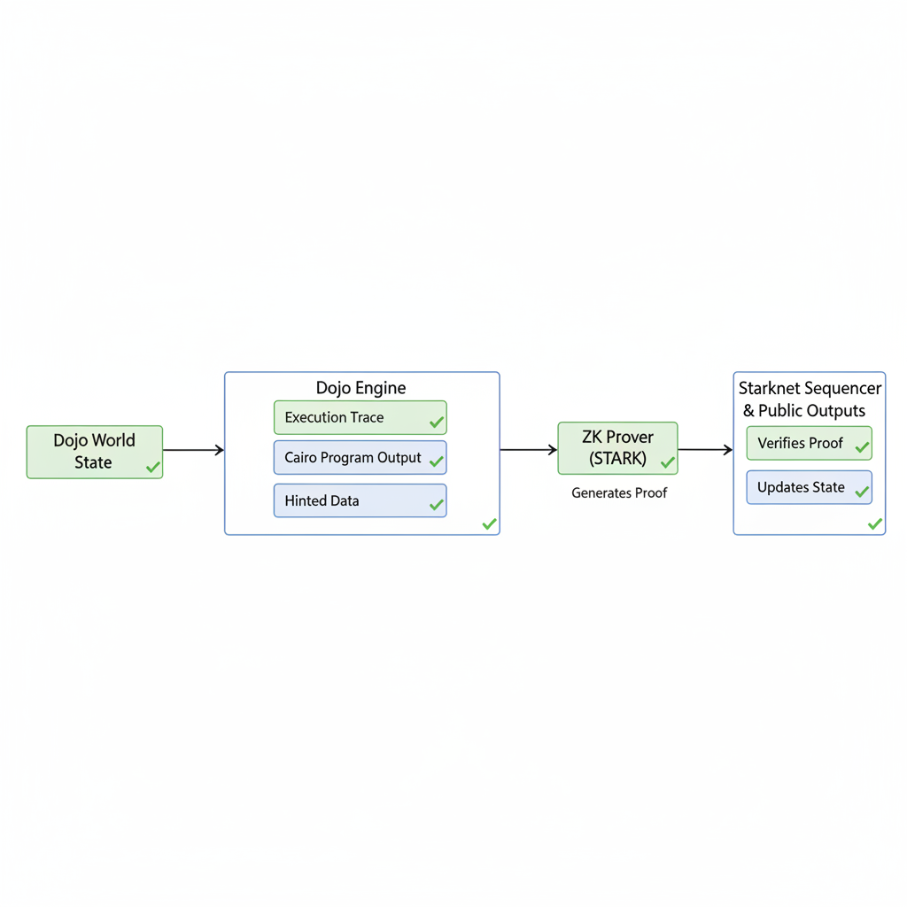 ZK proof generation flowchart Dojo Engine, Starknet sequencer, green checkmarks