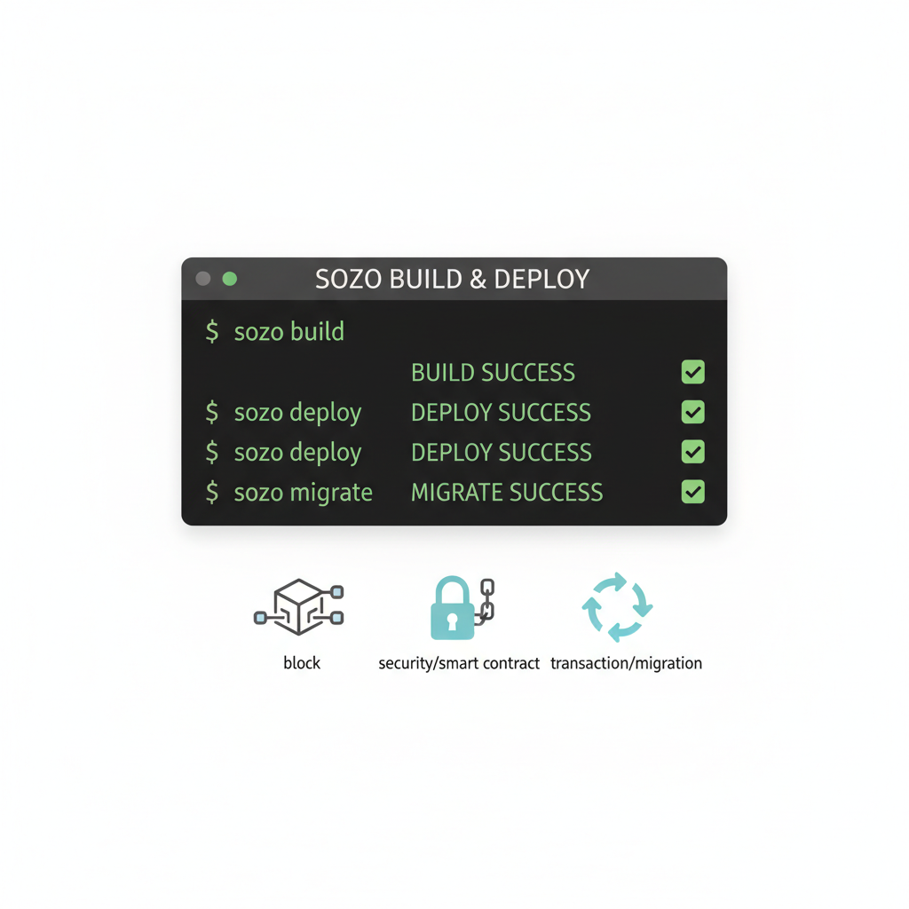 command line terminal running sozo build deploy migrate commands, green success output, blockchain icons