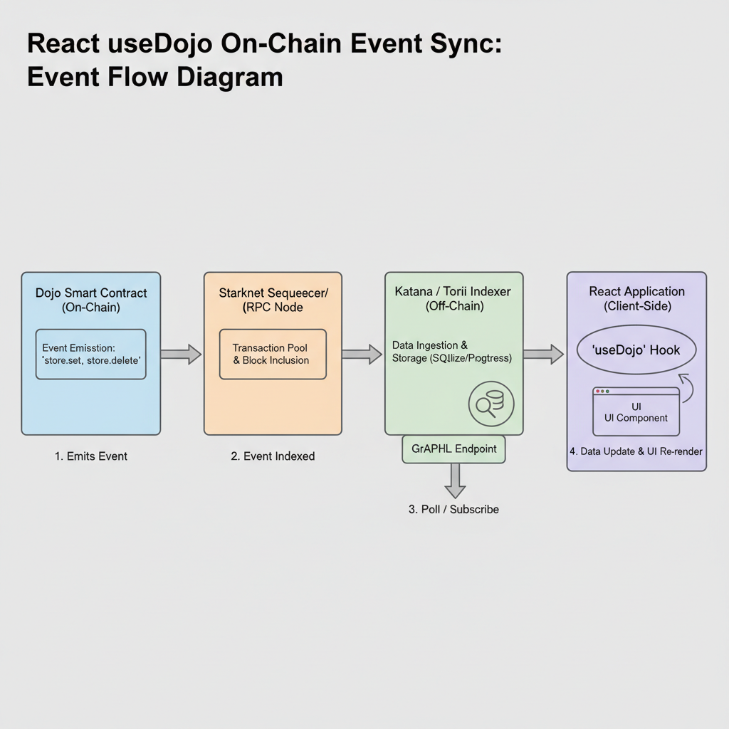 React useDojo subscriber for on-chain events sync, event flow diagram code