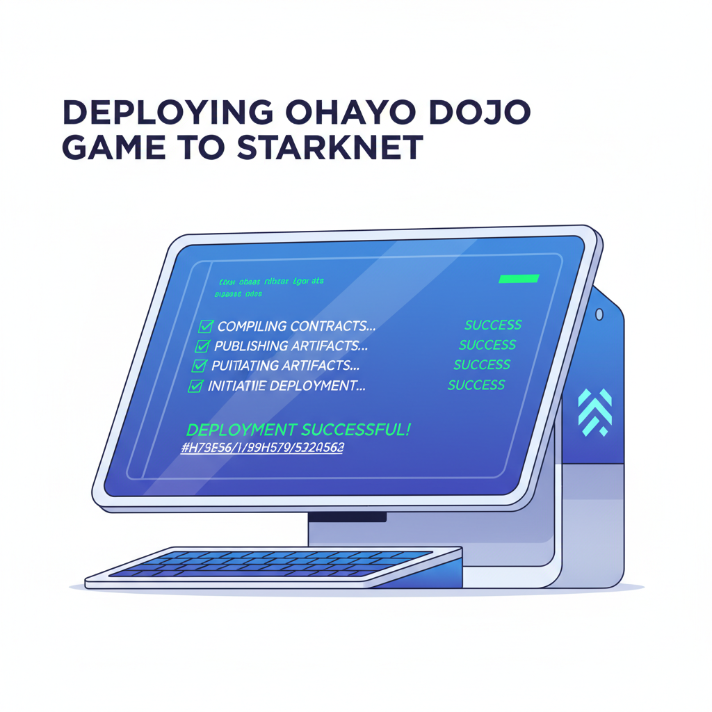 Terminal deploying Ohayo Dojo game to Starknet, success logs, futuristic console