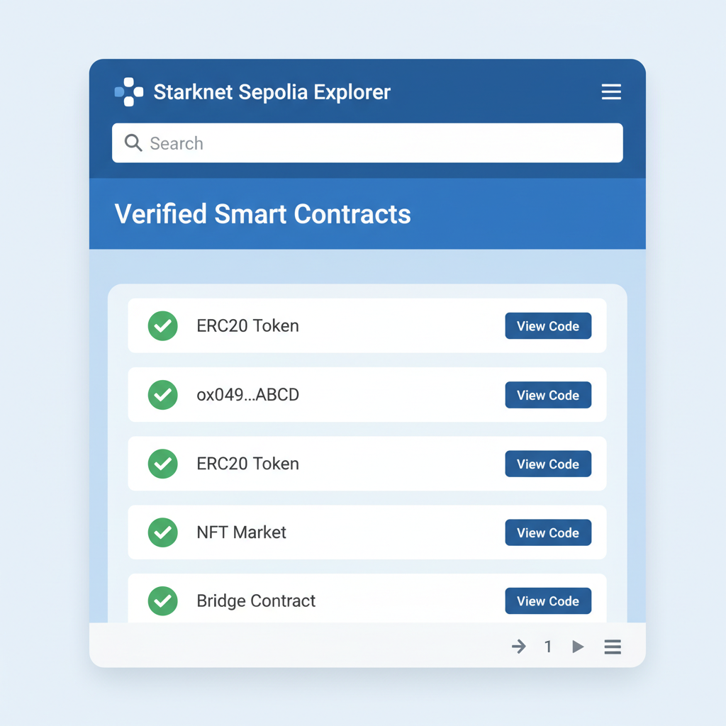 blockchain explorer webpage showing verified smart contracts, Starknet Sepolia, checkmarks