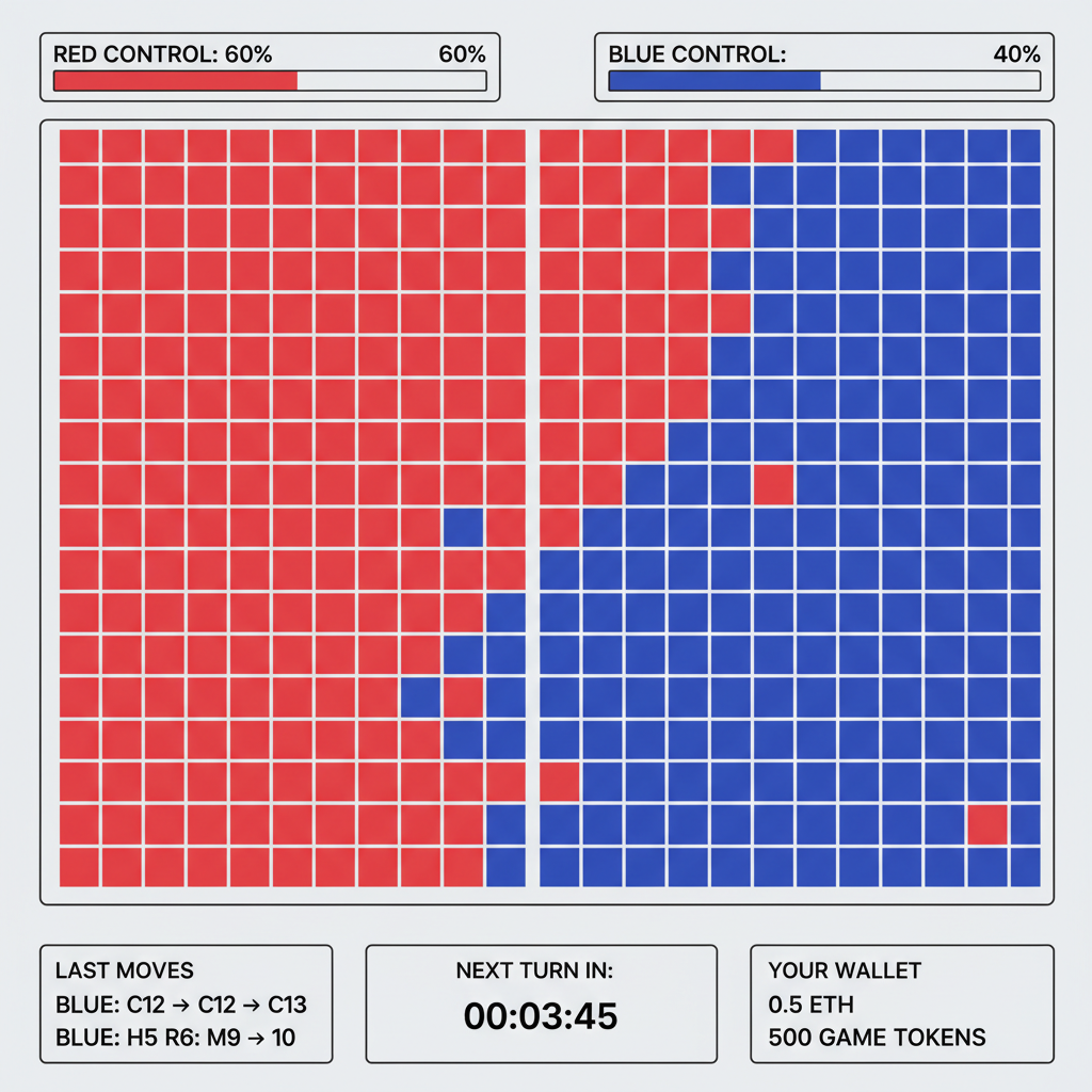 20x20 grid map Red vs Blue territories, control percentage bars, on-chain game dashboard