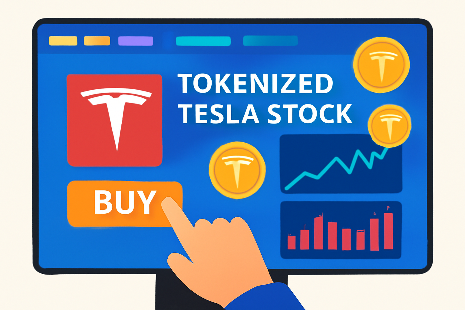 A user clicking 'Buy' on a tokenized Tesla stock, with digital tokens and stock charts on a vibrant trading dashboard.