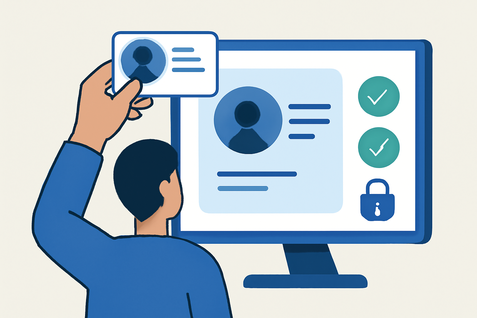 A person holding up an ID card to a computer screen, with checkmarks and secure padlock icons, symbolizing KYC verification.