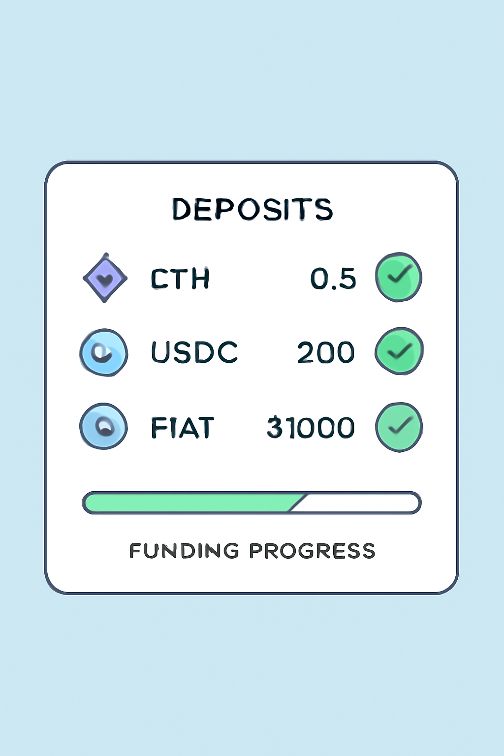 A digital wallet interface showing deposits in ETH, USDC, and fiat currency, with confirmation icons and a funding progress bar.