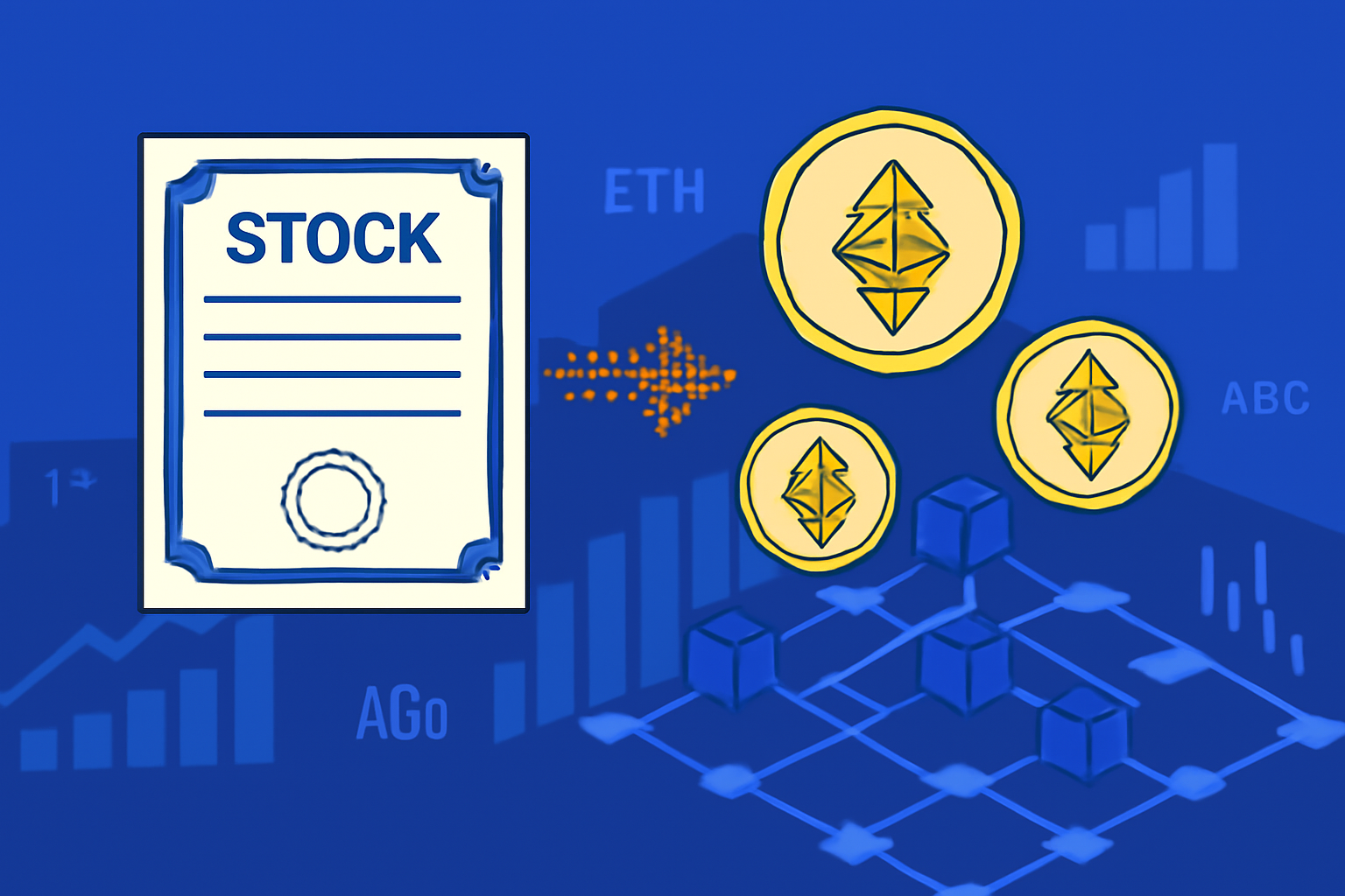 A digital stock certificate transforming into Ethereum tokens, floating above a blockchain network, with charts and stock symbols in the background.