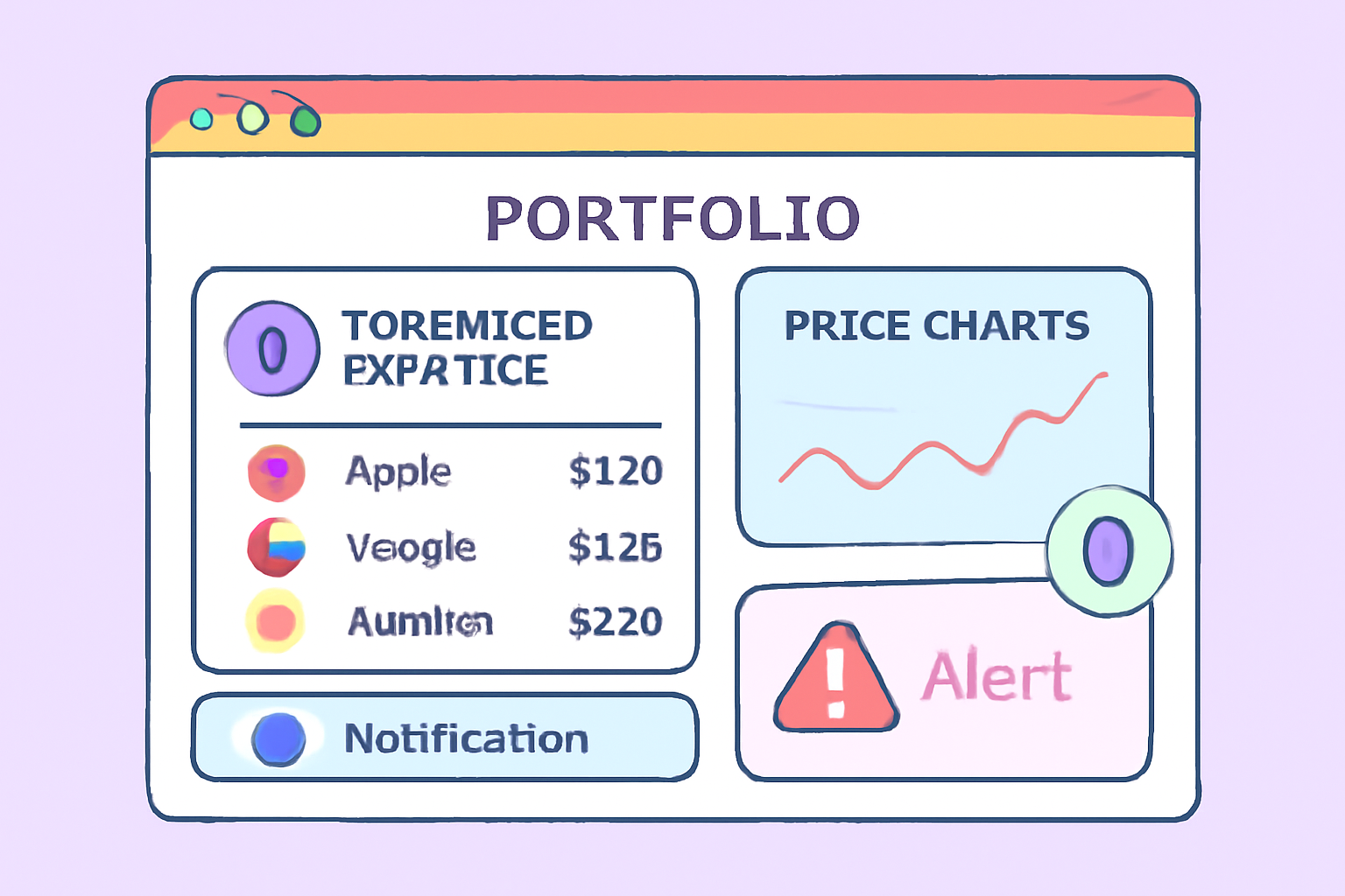 A colorful portfolio dashboard displaying tokenized equities, price charts, and notification alerts, with Ethereum logos.