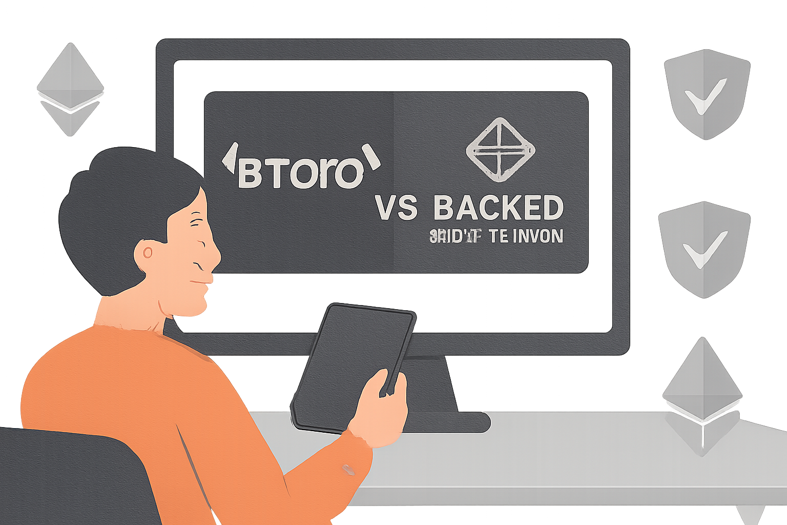 A user comparing logos of eToro and Backed Finance on a digital dashboard, with Ethereum logos and security shields in view.