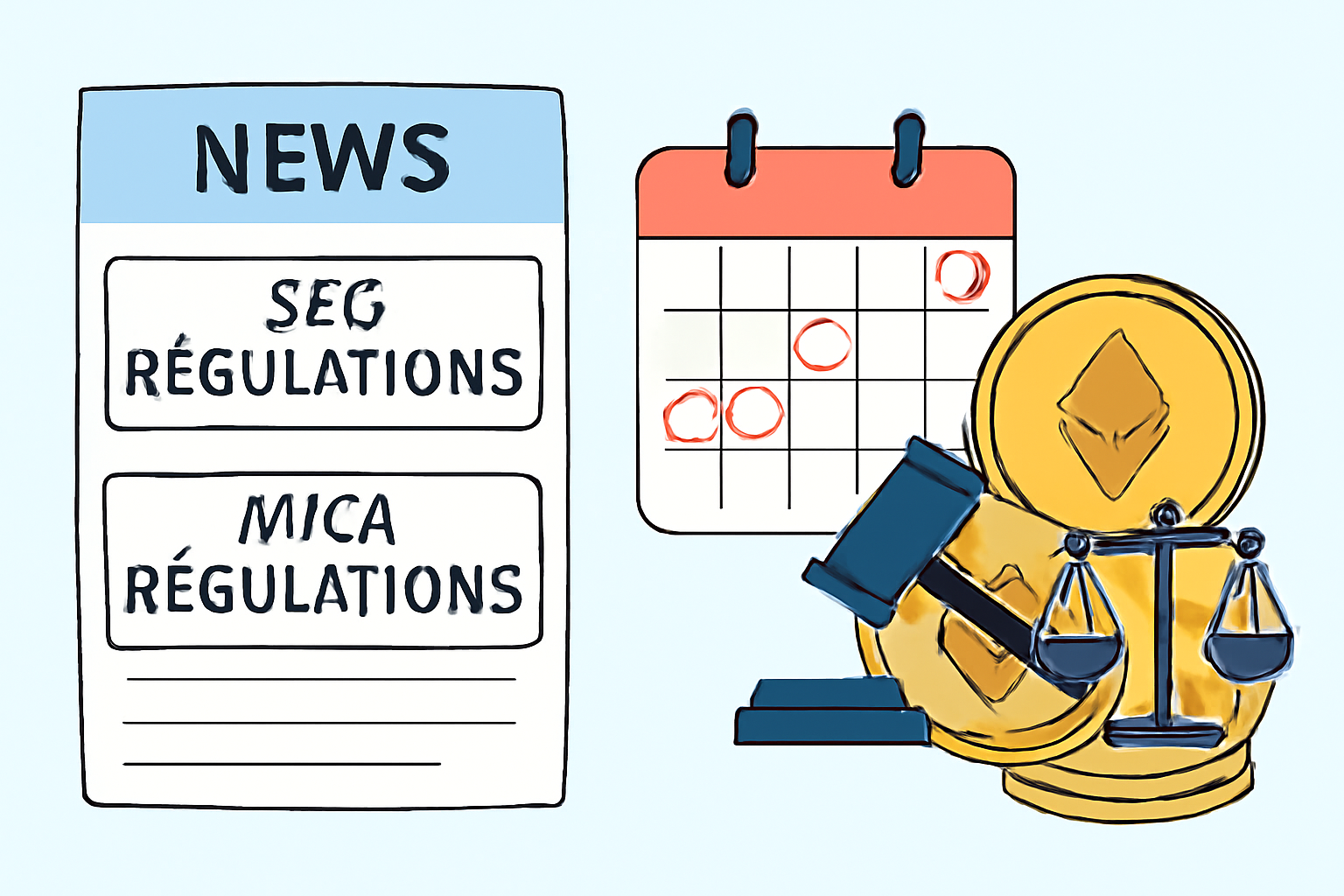 A news feed with headlines about SEC and MiCA regulations, a calendar marked with important dates, and legal icons overlaid on Ethereum tokens.