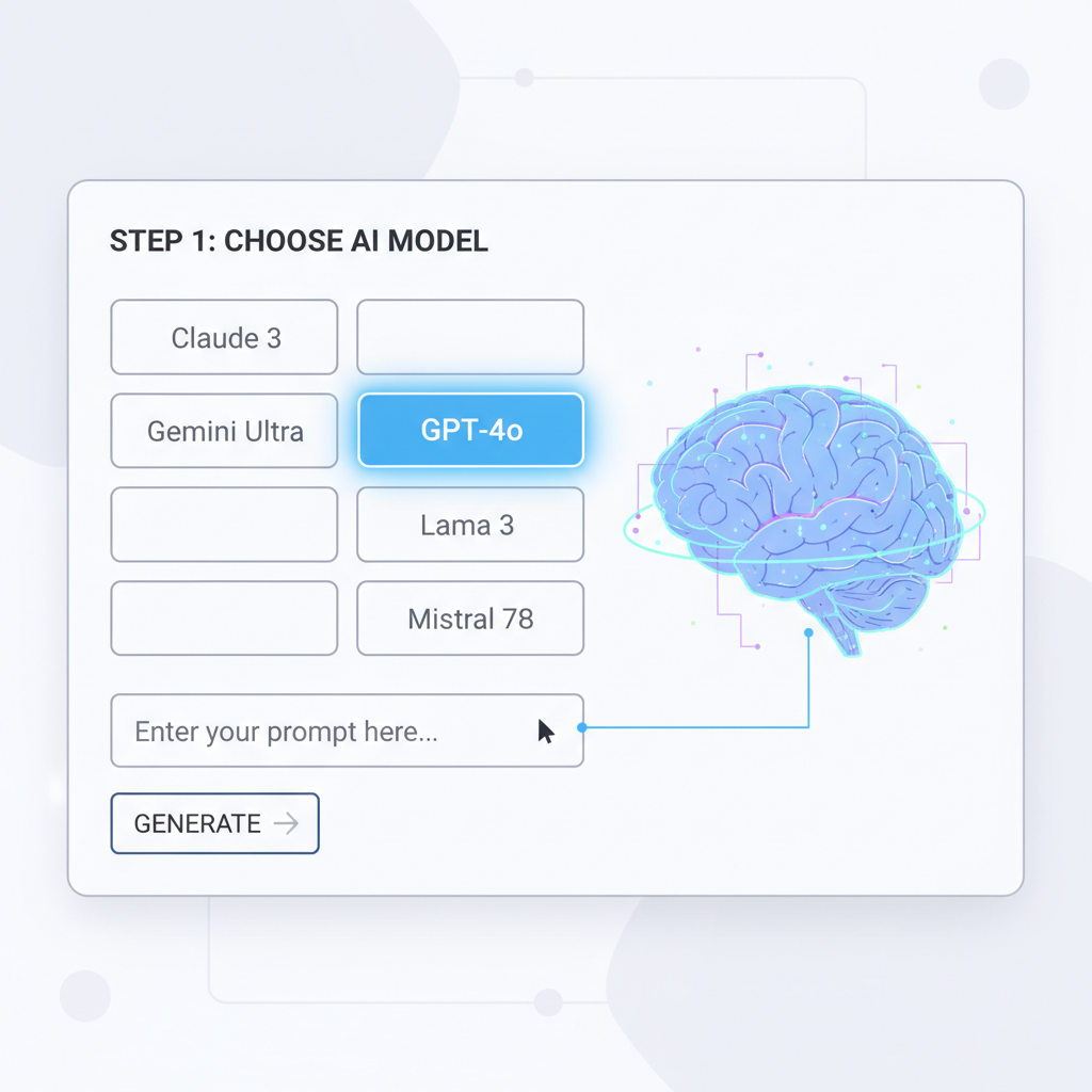 AI model selection panel with GPT-4o highlighted, prompt input field, holographic brain visualization
