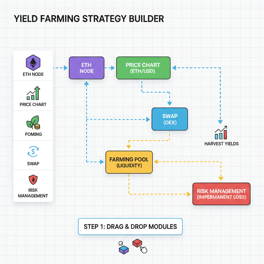 drag-and-drop flowchart building yield farming strategy with Ethereum nodes, price charts, and farming icons