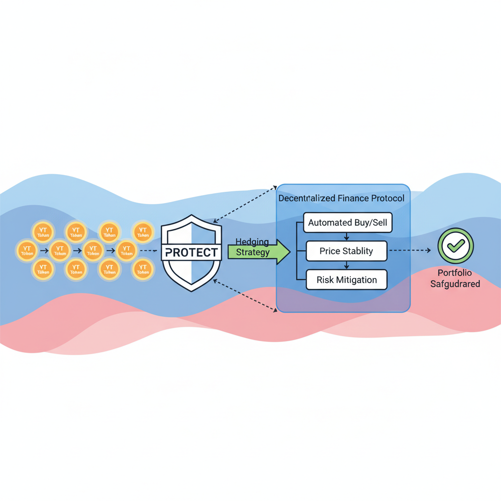 hedging workflow diagram with YT tokens and shields, volatility waves deflected, protective barrier visuals
