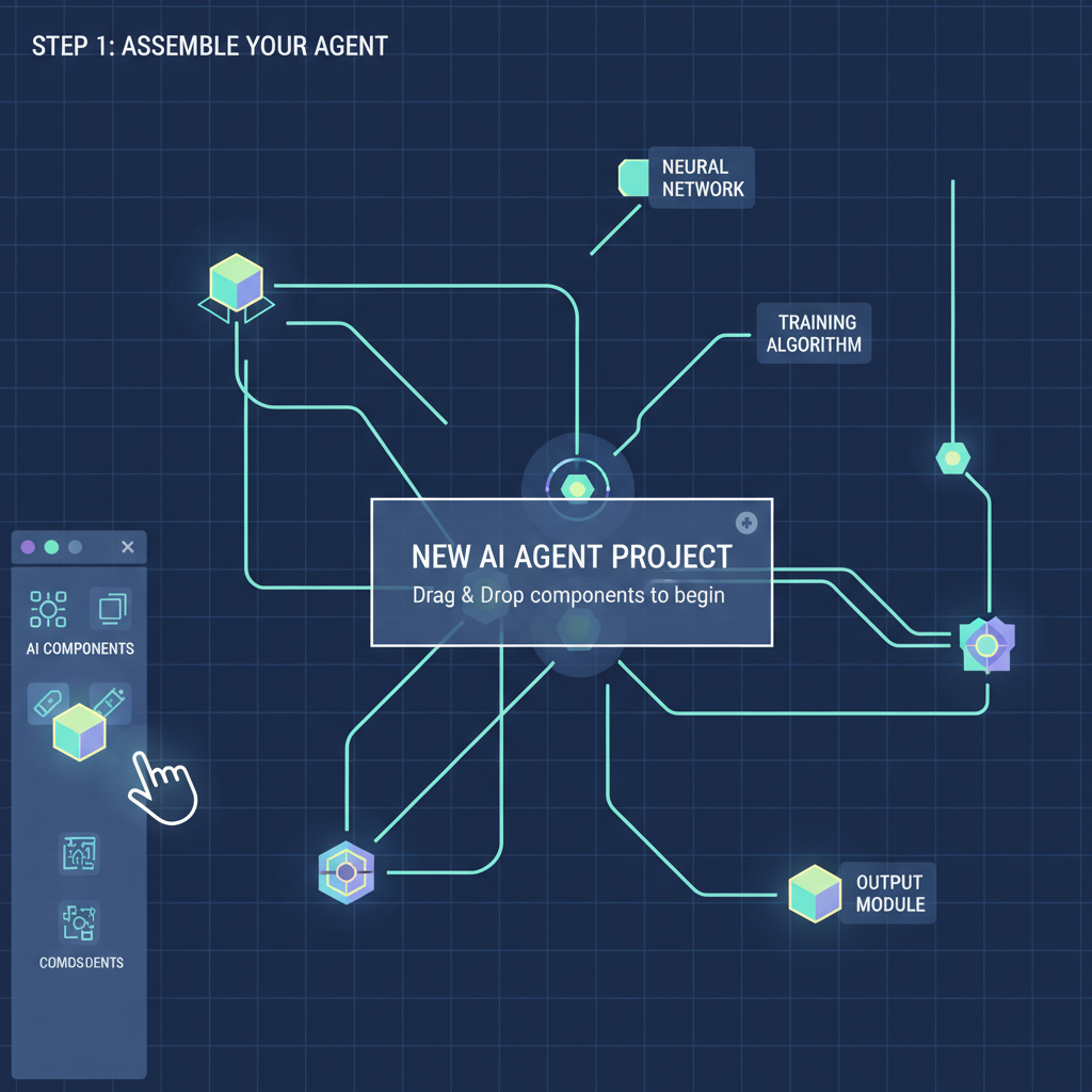 drag-and-drop canvas creating new AI agent project, glowing nodes and connections, sci-fi interface