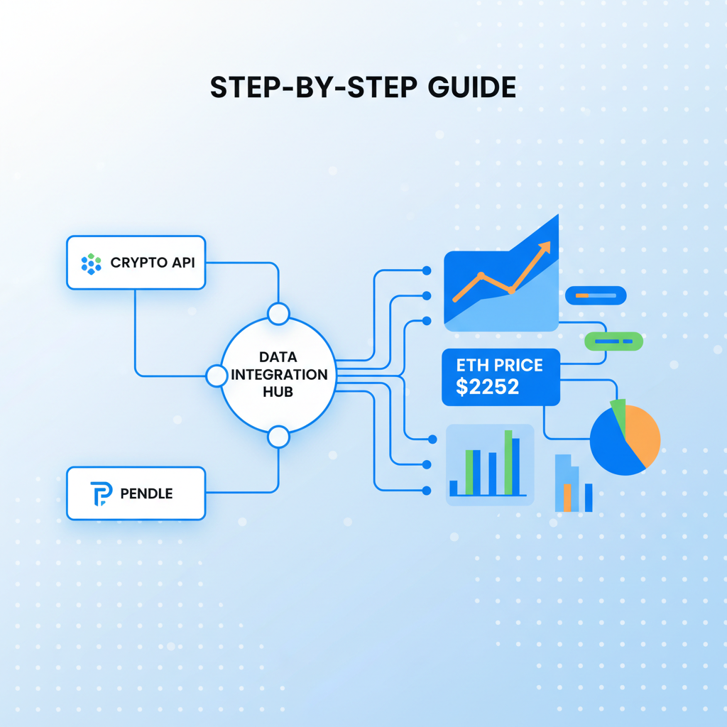 data integration nodes connecting to crypto API and Pendle, flowing charts of ETH price $2252, dynamic graphs