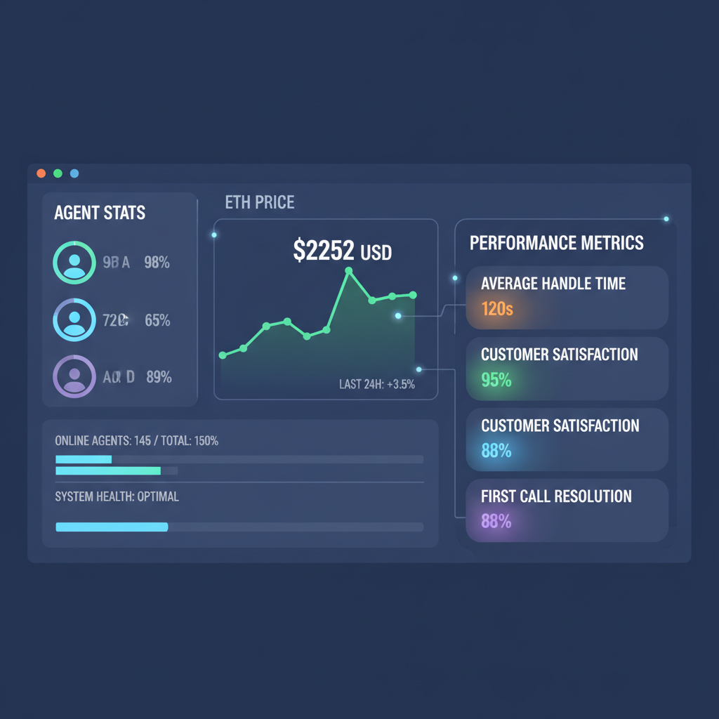 real-time monitoring dashboard with agent stats, ETH charts at $2252, performance metrics glowing