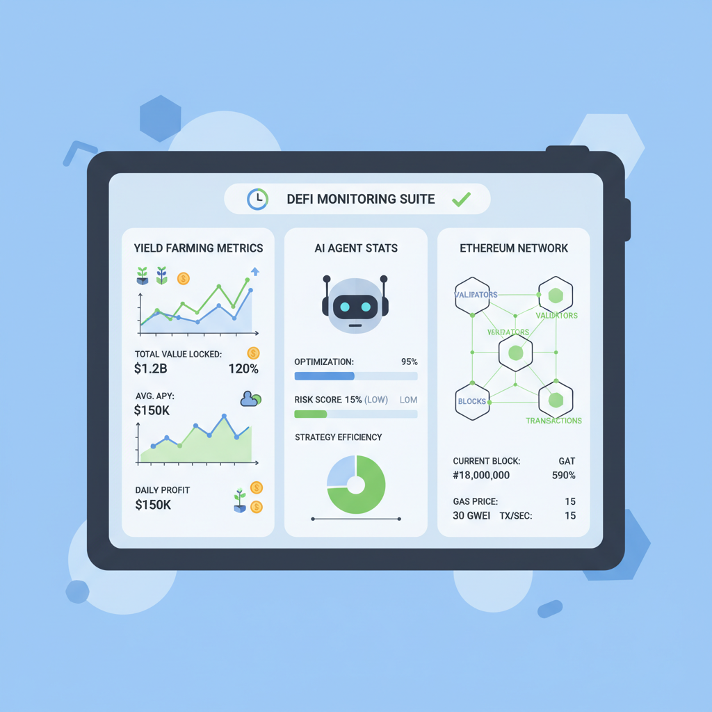 monitoring dashboard with live yield farming metrics, AI agent stats, Ethereum network visualization