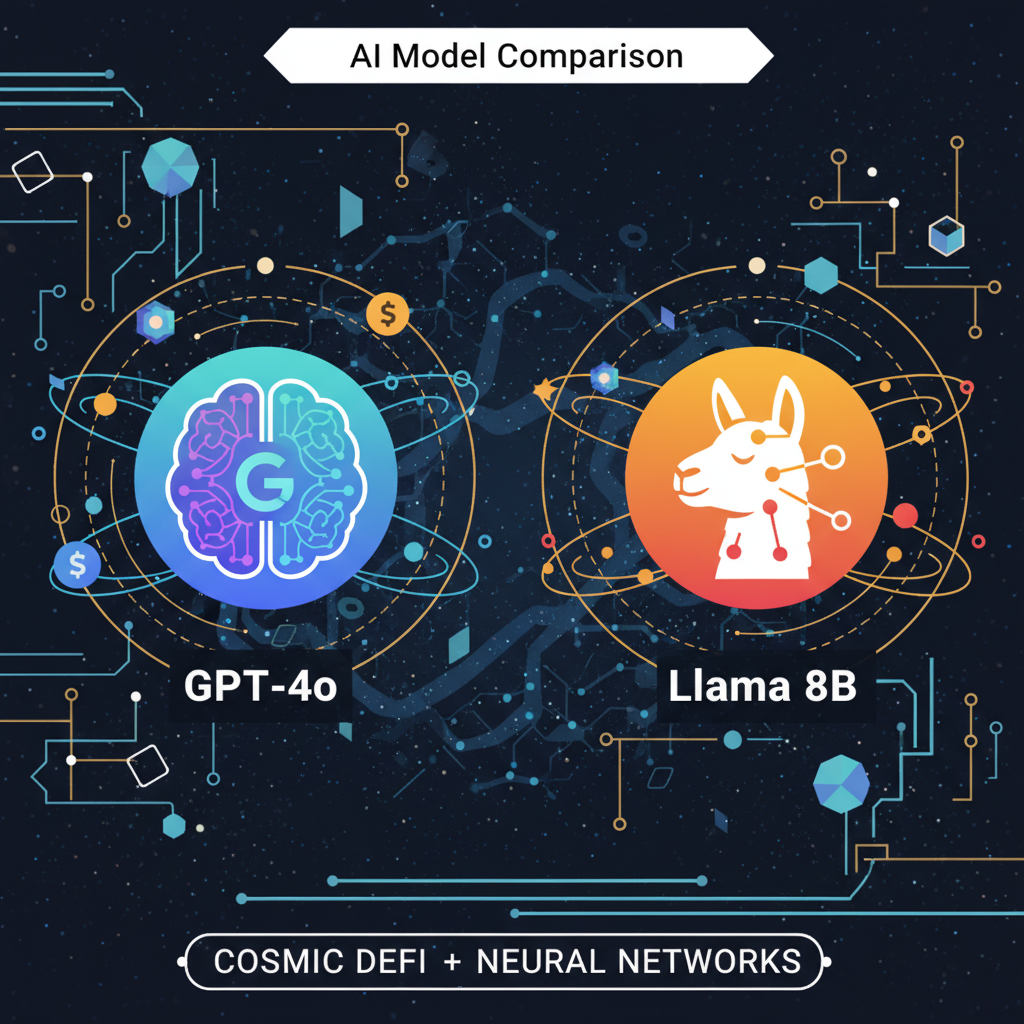 comparison of AI models GPT-4o and Llama 8B icons floating in a cosmic DeFi space with neural networks
