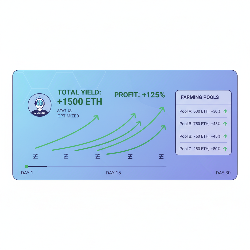 simulation dashboard showing AI agent yield farming results with green profit graphs and Ethereum symbols