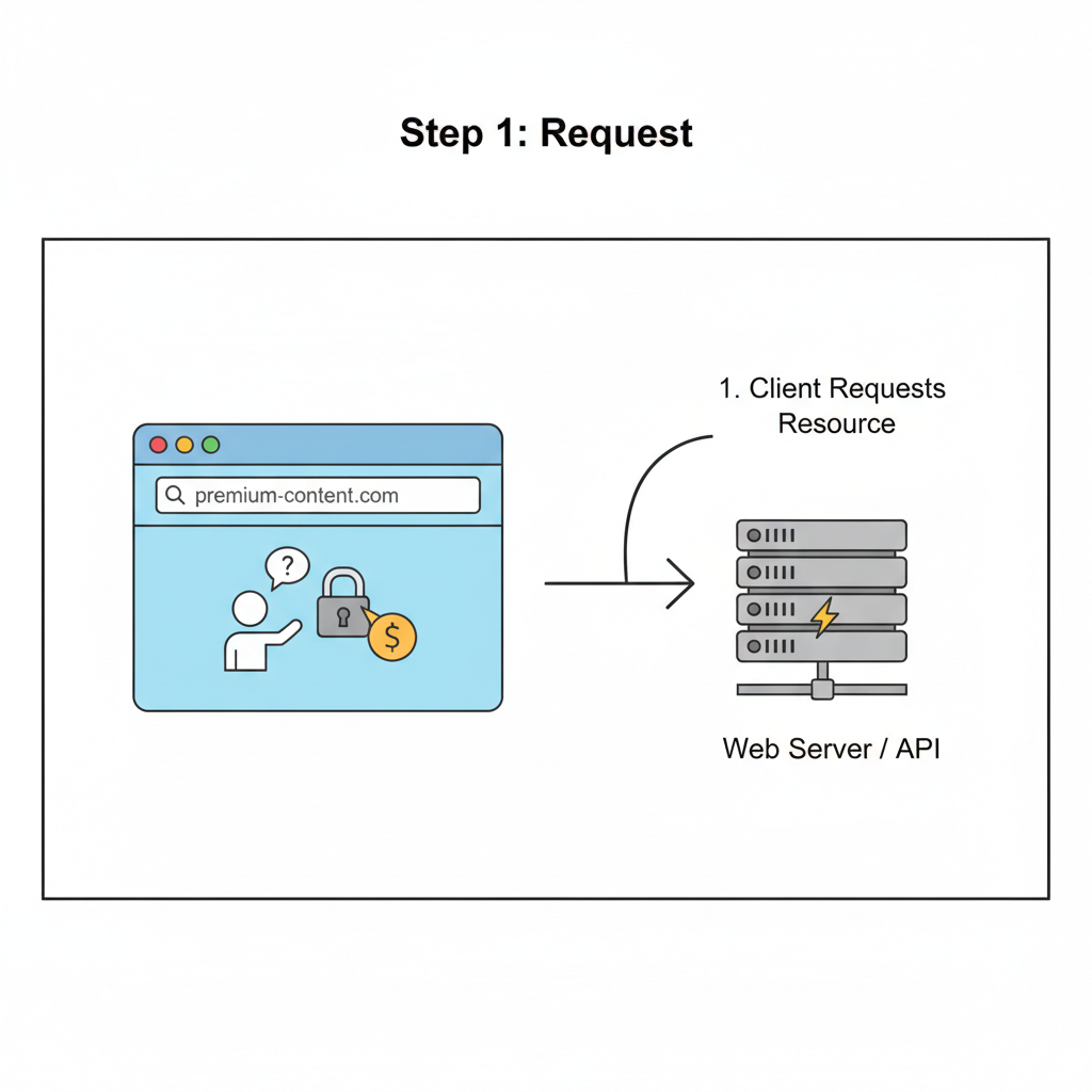 code snippet highlighting x402 middleware import in Express app, HTTP 402 diagram