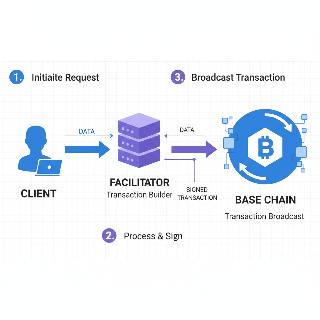 data flow from client to facilitator broadcasting transaction on Base chain