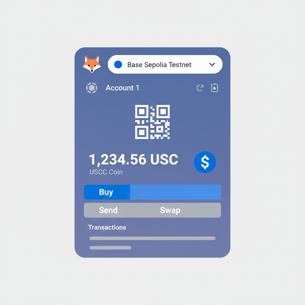 MetaMask wallet interface showing Base Sepolia network and USDC balance