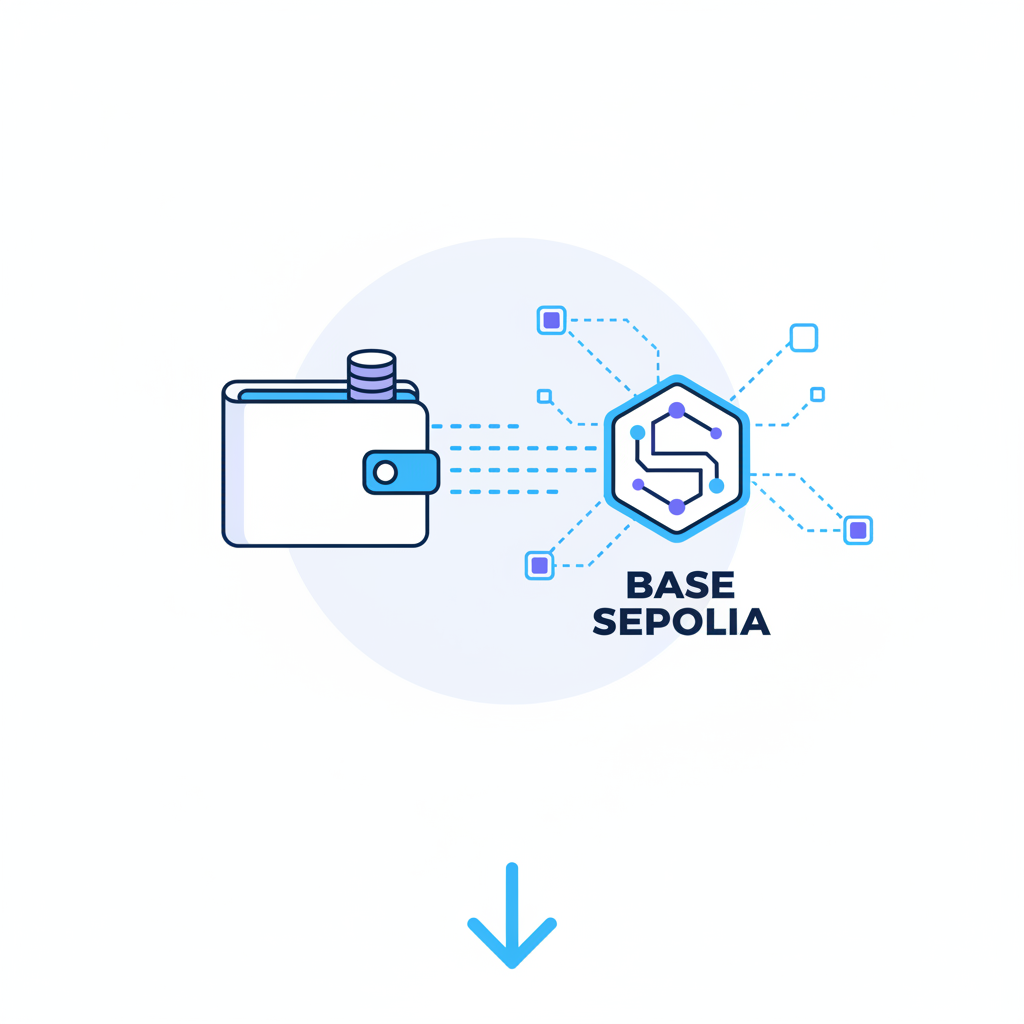 clean illustration of wallet icon connecting to Base Sepolia blockchain network