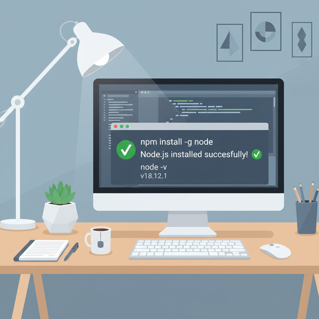 terminal command line installing Node.js with success checkmarks, clean developer desk setup