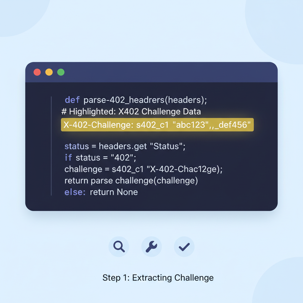 code snippet parsing HTTP 402 headers with x402 challenge data highlighted