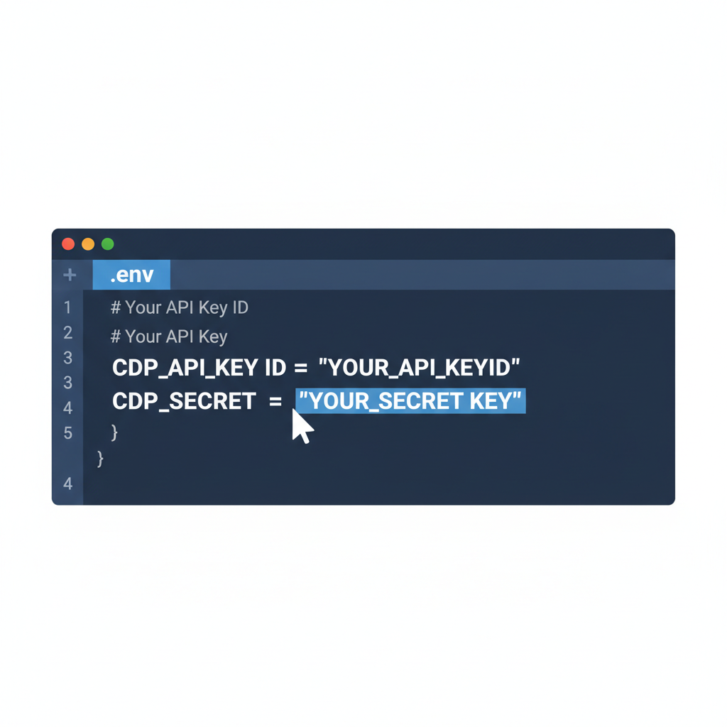 code editor showing .env file with CDP_API_KEY_ID and SECRET variables
