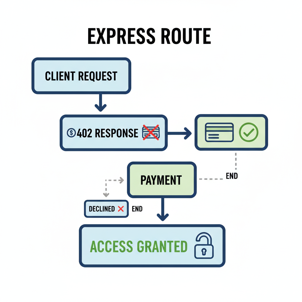 flowchart of Express route: client request -> 402 response -> payment -> access granted” /></div>
<div class=