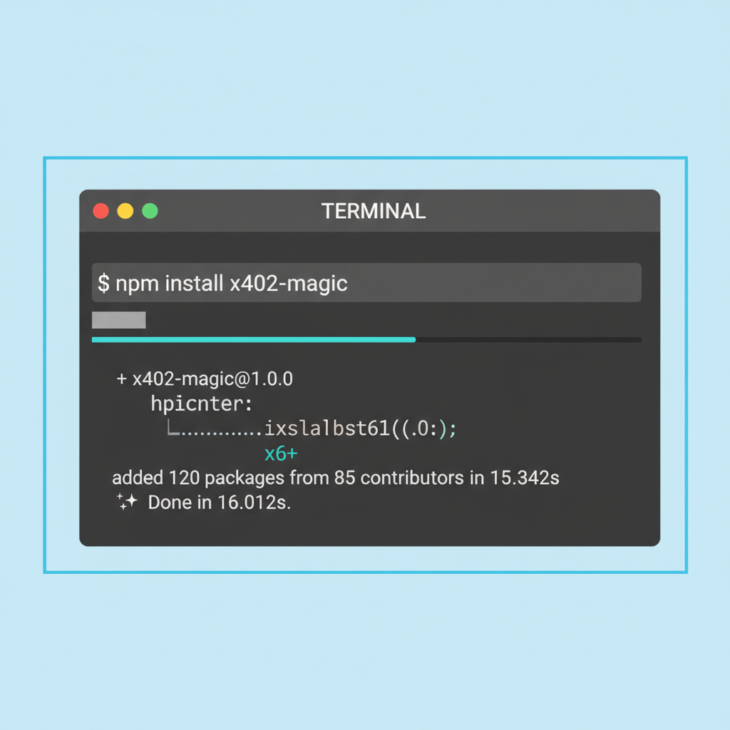 terminal screen running npm install x402-magic command, clean code style