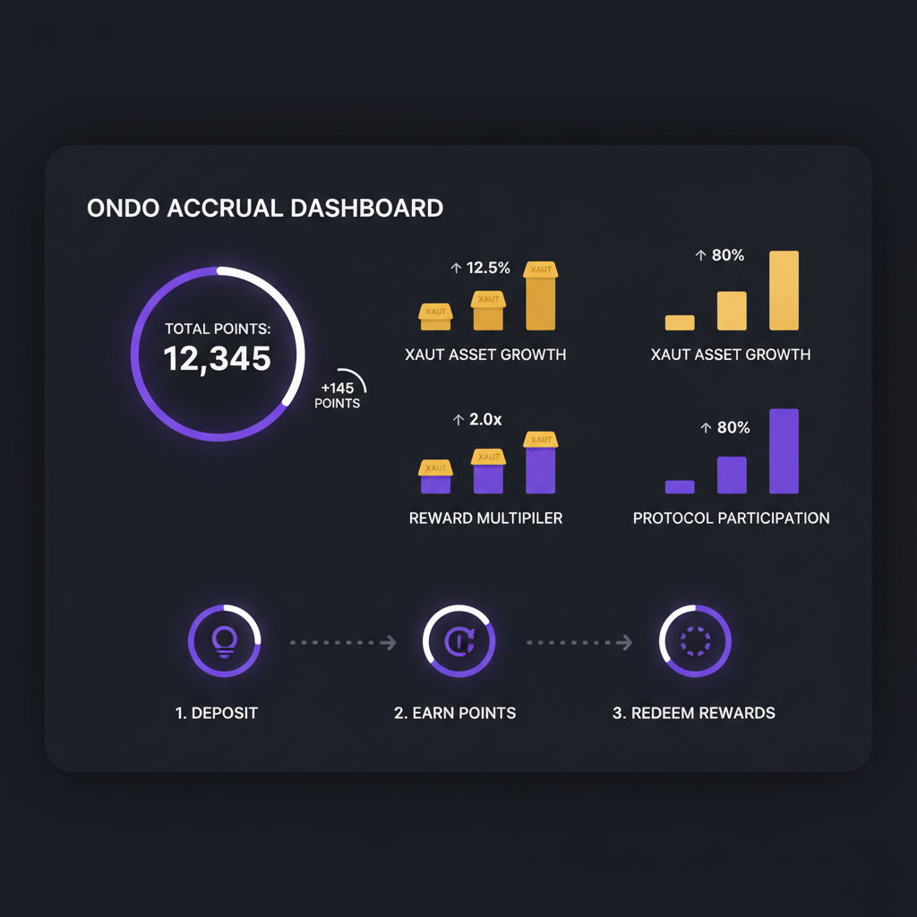glowing Ondo dashboard showing points accrual, charts with XAUT gold bars rising