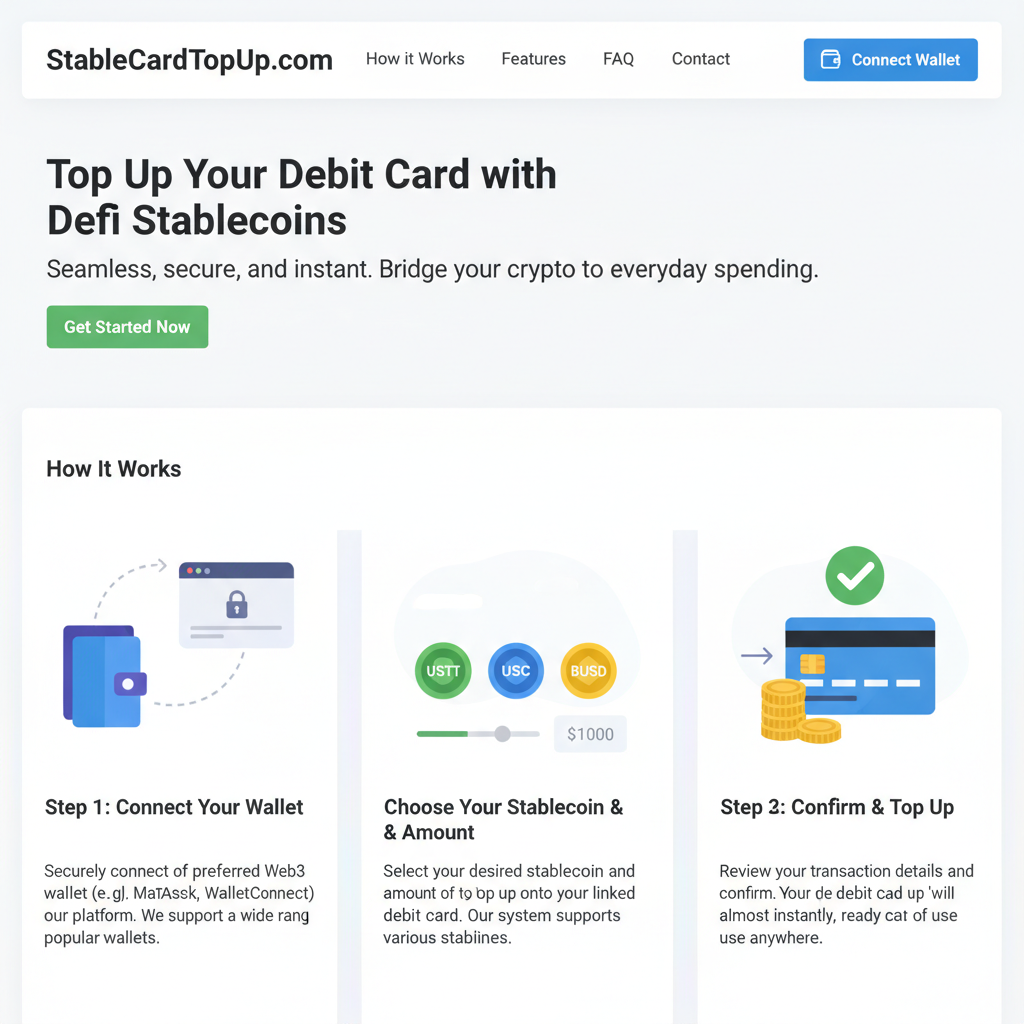 secure defi website homepage stablecardtopup.com clean ui wallet connect button