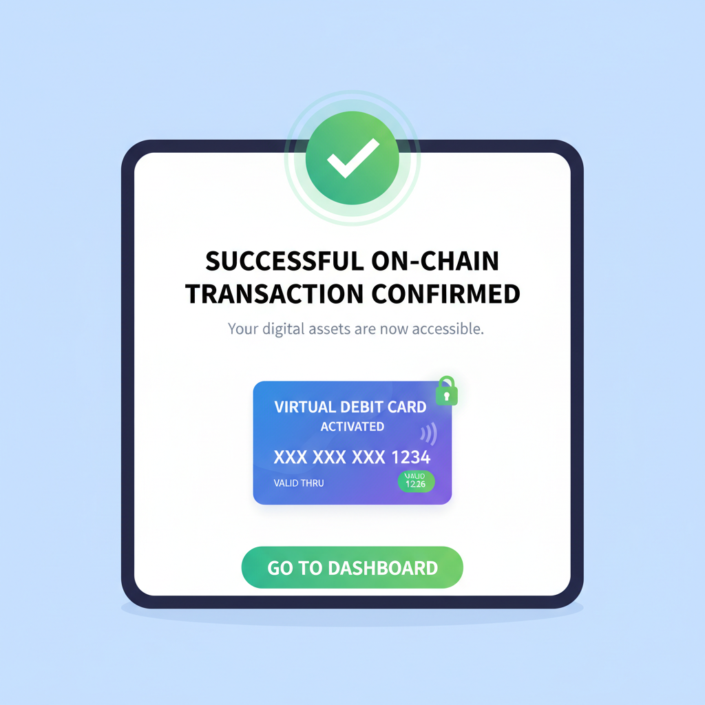 successful onchain transaction confirmed virtual debit card activated screen
