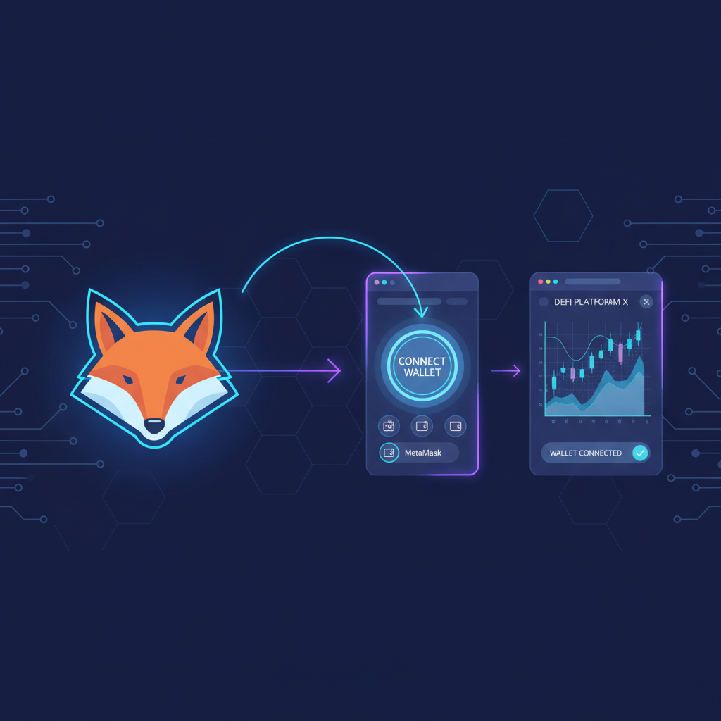 user connecting metamask wallet to defi dapp clean interface futuristic glow