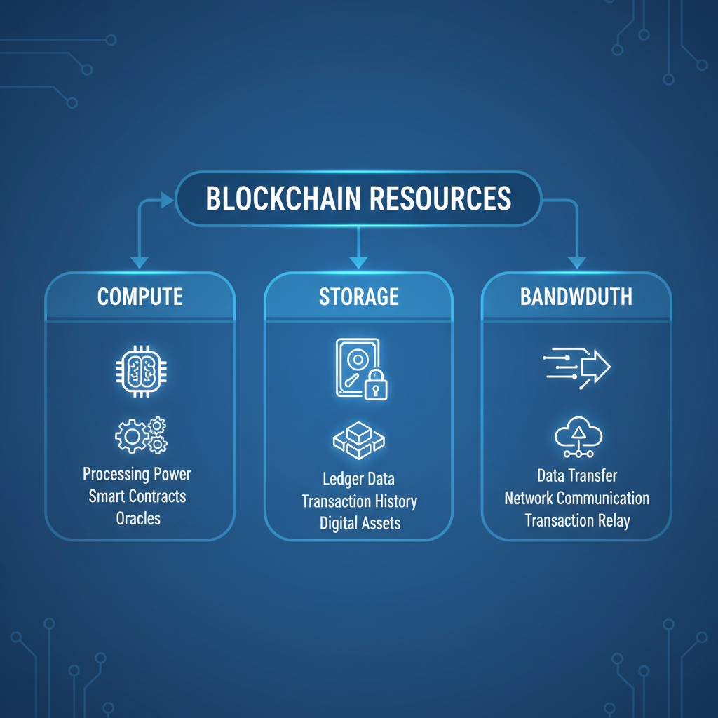 clean diagram categorizing blockchain resources: compute storage bandwidth icons, futuristic blue tones, technical illustration