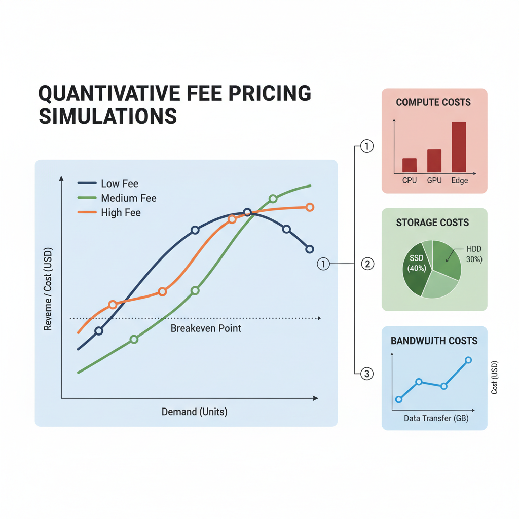 graph of quantitative simulations for fee pricing, charts showing compute storage bandwidth costs, data visualization, professional