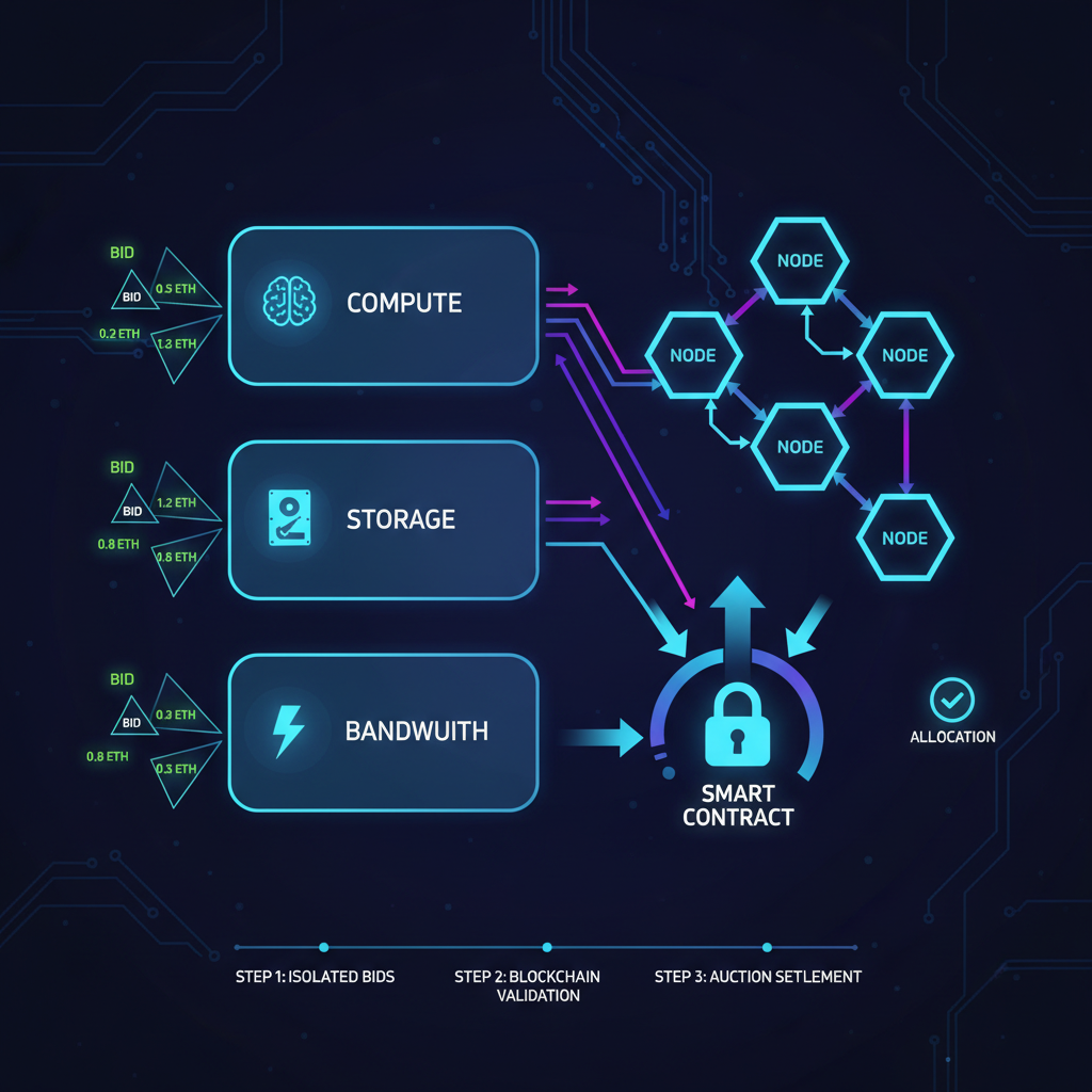 blockchain auction mechanism diagram, isolated bids for compute storage bandwidth, nodes and arrows, cyberpunk style