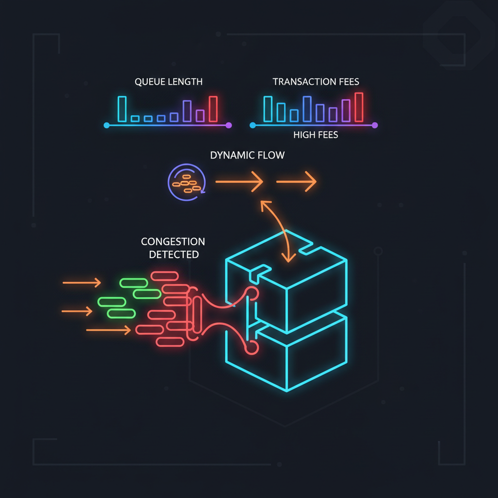 congestion signals in blockchain network, graphs of queue lengths and fees, dynamic flow visualization, neon accents