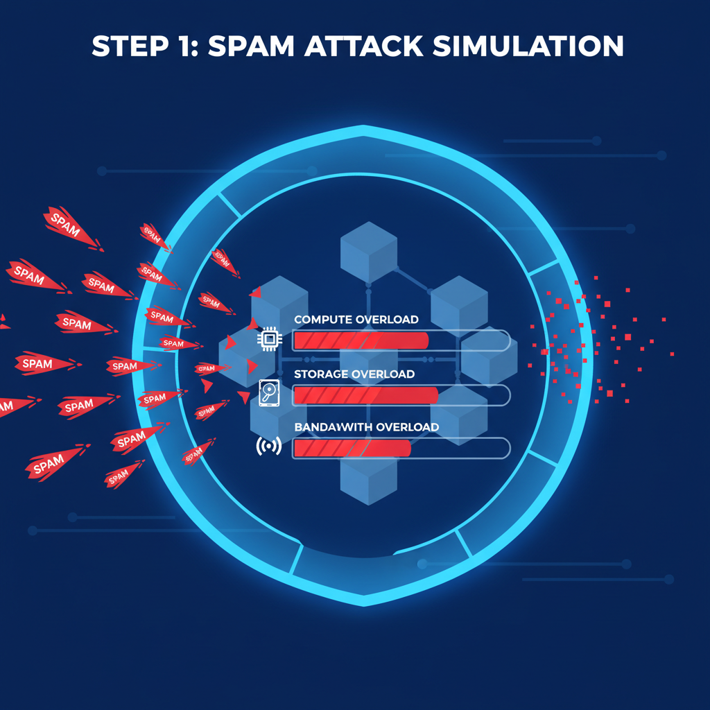 spam attack simulation on blockchain, red alerts compute storage bandwidth overload, defensive shield graphics, intense